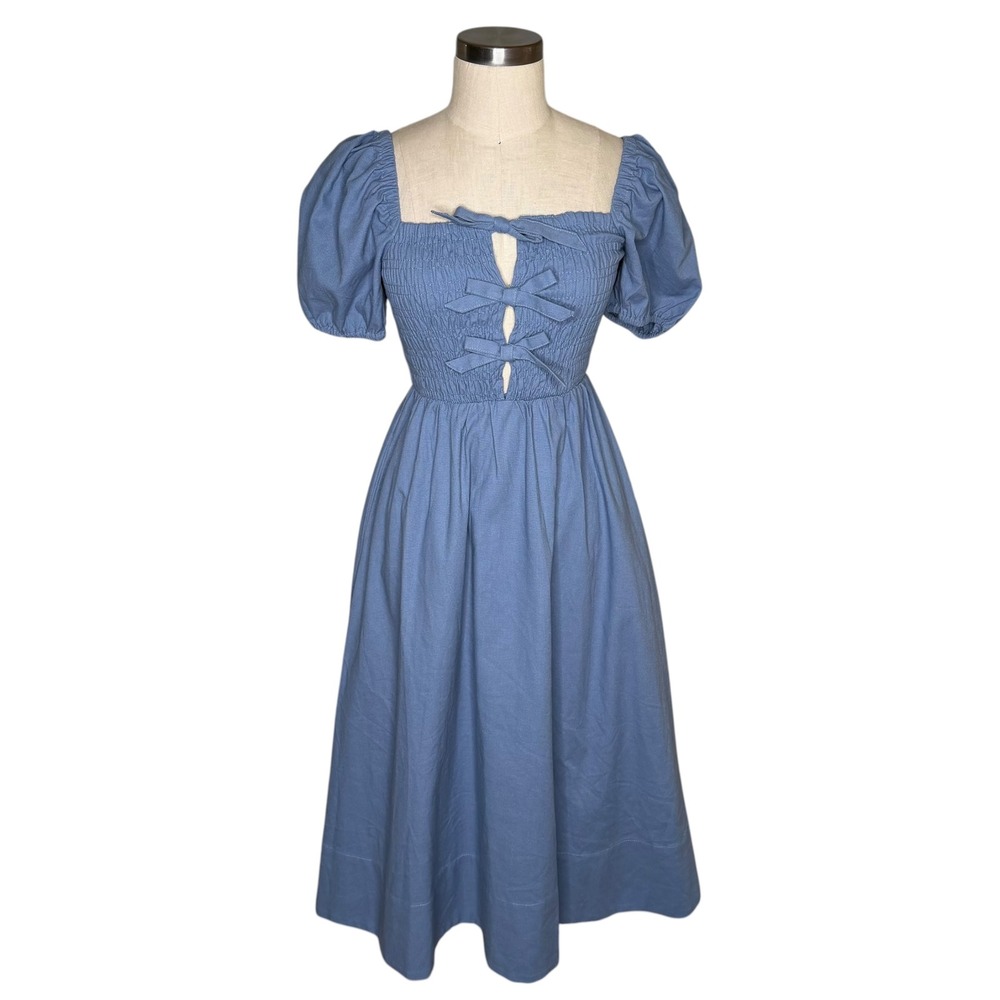 ASTR The Label Midi Dress Pretty Blue Smocked Puff Sleeve Women's Size XS Dita